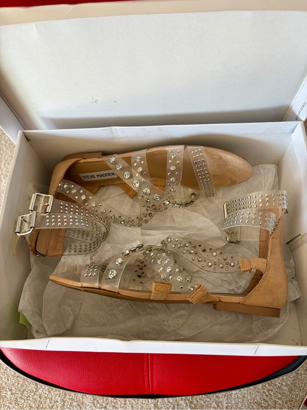 Steve Madden Clear Studded Strappy Gladiator Sandal - Silver Accents - Picture 8 of 10